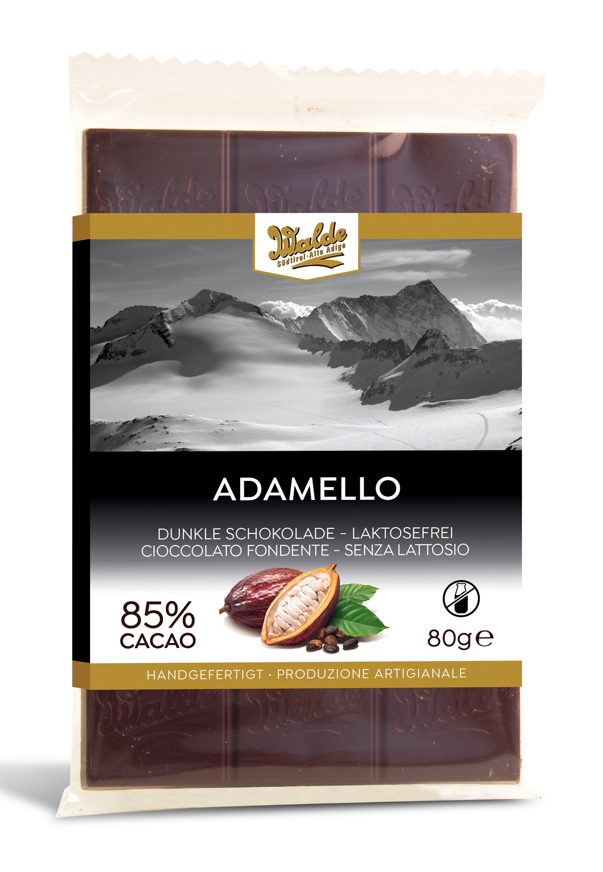 ADAMELLO - Zartherbe und laktosefreie Schokolade 85%